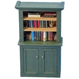 Wooden Dollhouse Furniture Green Hutch Cabinet Display w/ Books + Bookends Lot